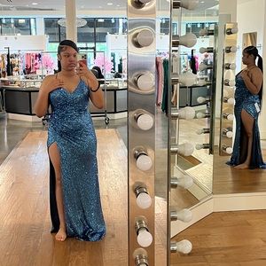 Light Blue Sequins Gown with Side Slit and Criss Cross Back